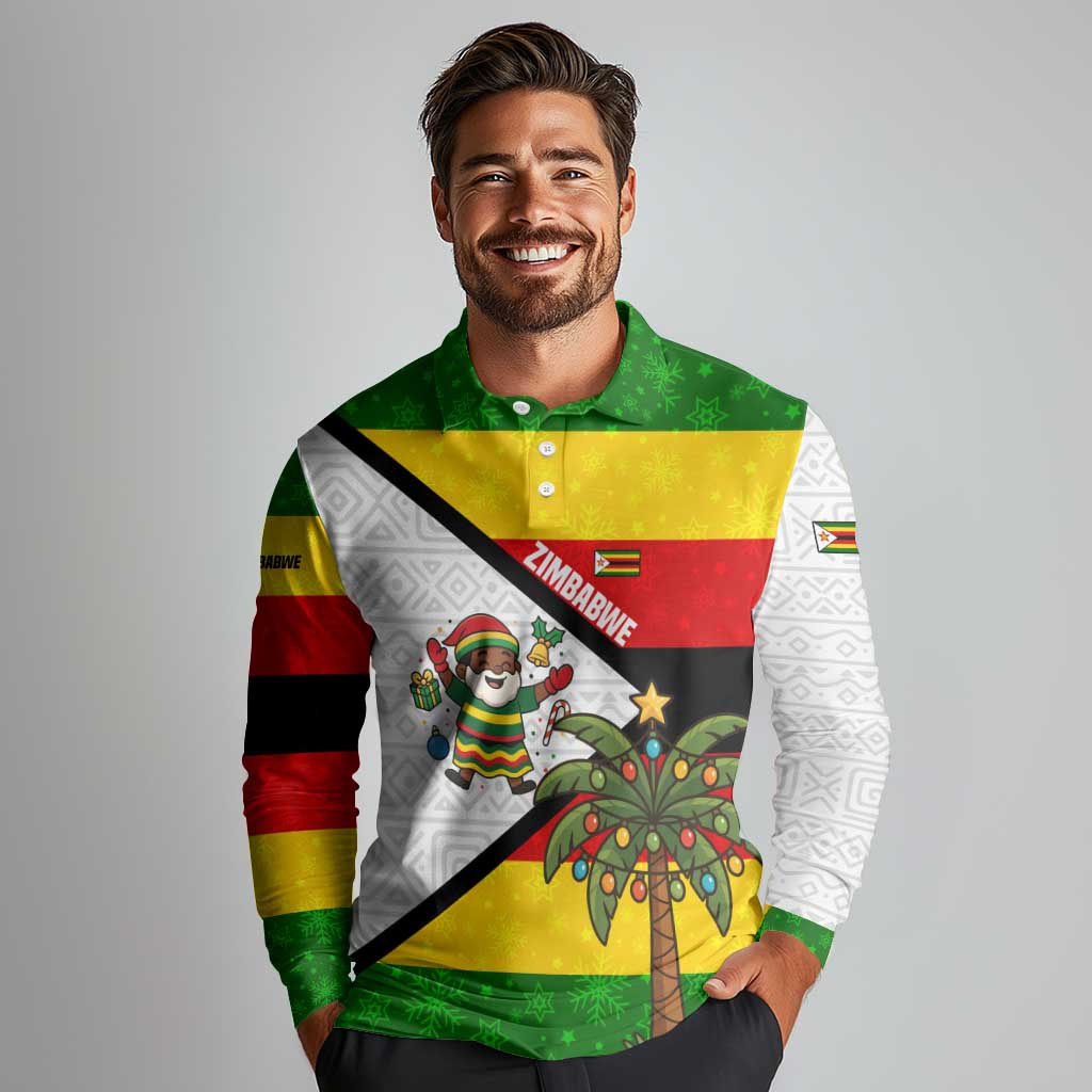 Zimbabwe Christmas Long Sleeve Polo Shirt with Festive Santa Palm Tree and Red Yellow Green Flag - Wonder Print Shop