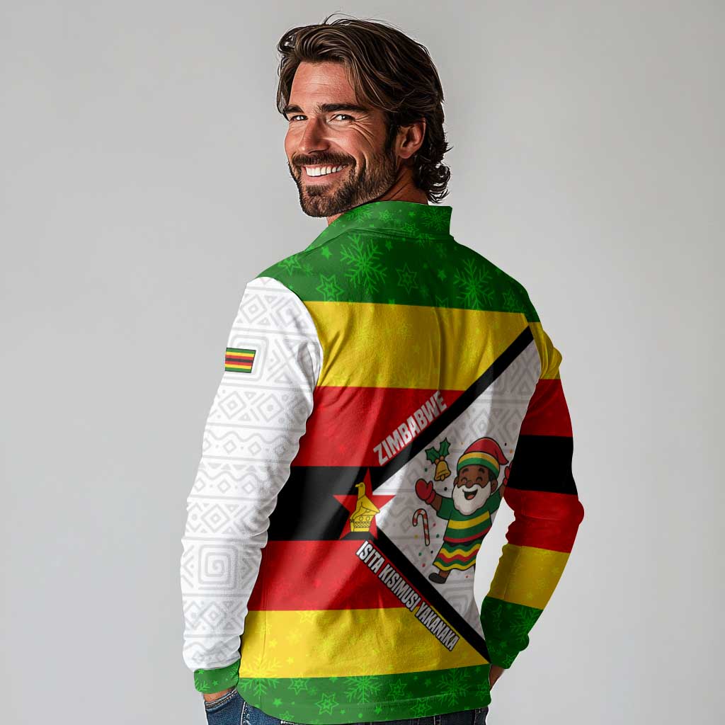 Zimbabwe Christmas Long Sleeve Polo Shirt with Festive Santa Palm Tree and Red Yellow Green Flag - Wonder Print Shop