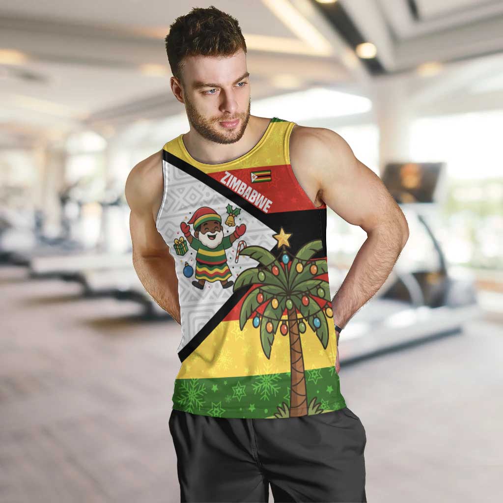 Zimbabwe Christmas Men Tank Top with Festive Santa Palm Tree and Red Yellow Green Flag - Wonder Print Shop