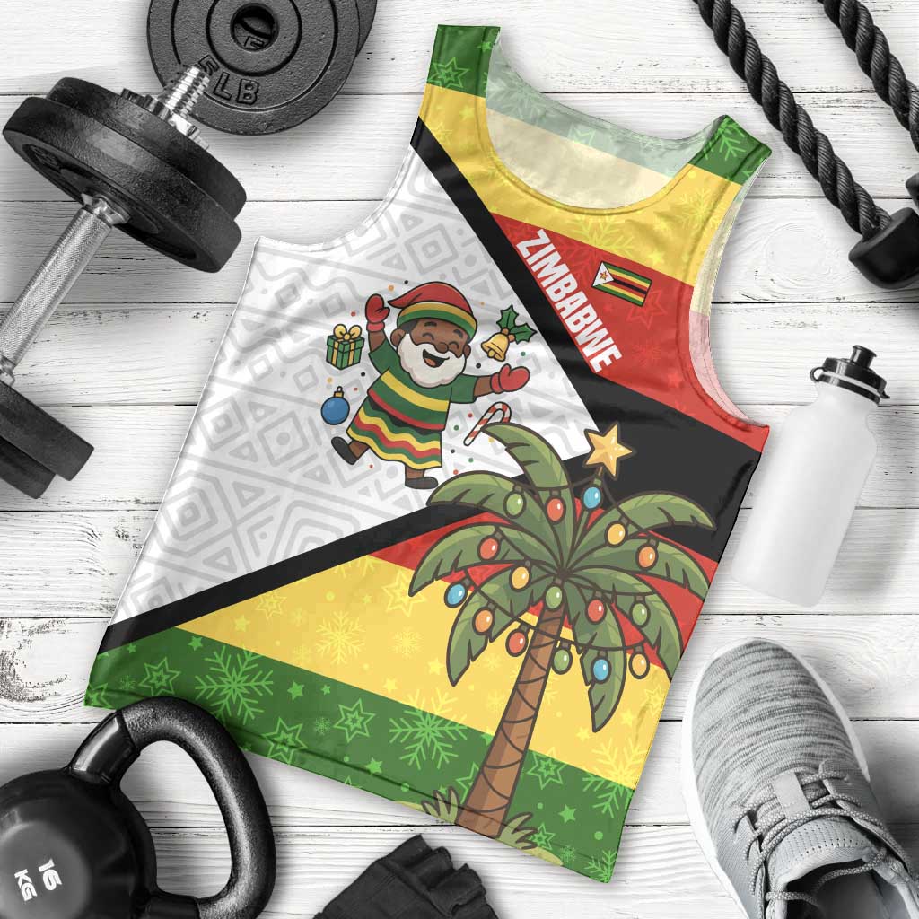 Zimbabwe Christmas Men Tank Top with Festive Santa Palm Tree and Red Yellow Green Flag - Wonder Print Shop