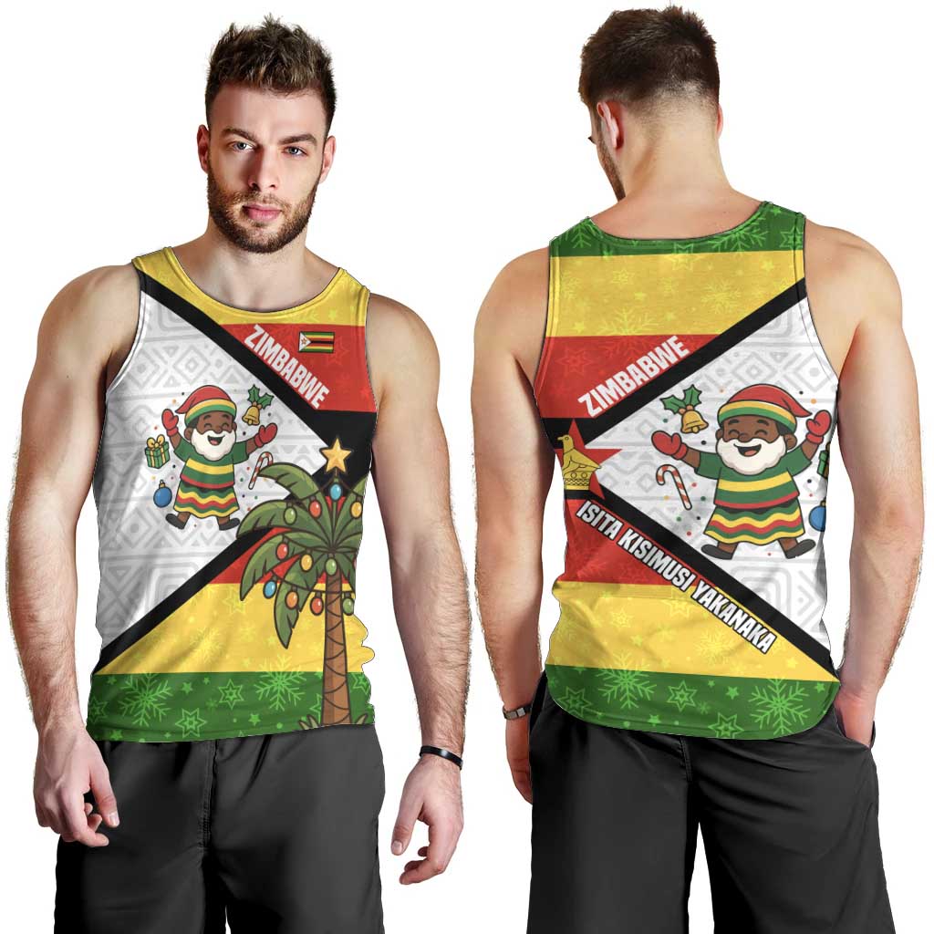 Zimbabwe Christmas Men Tank Top with Festive Santa Palm Tree and Red Yellow Green Flag - Wonder Print Shop