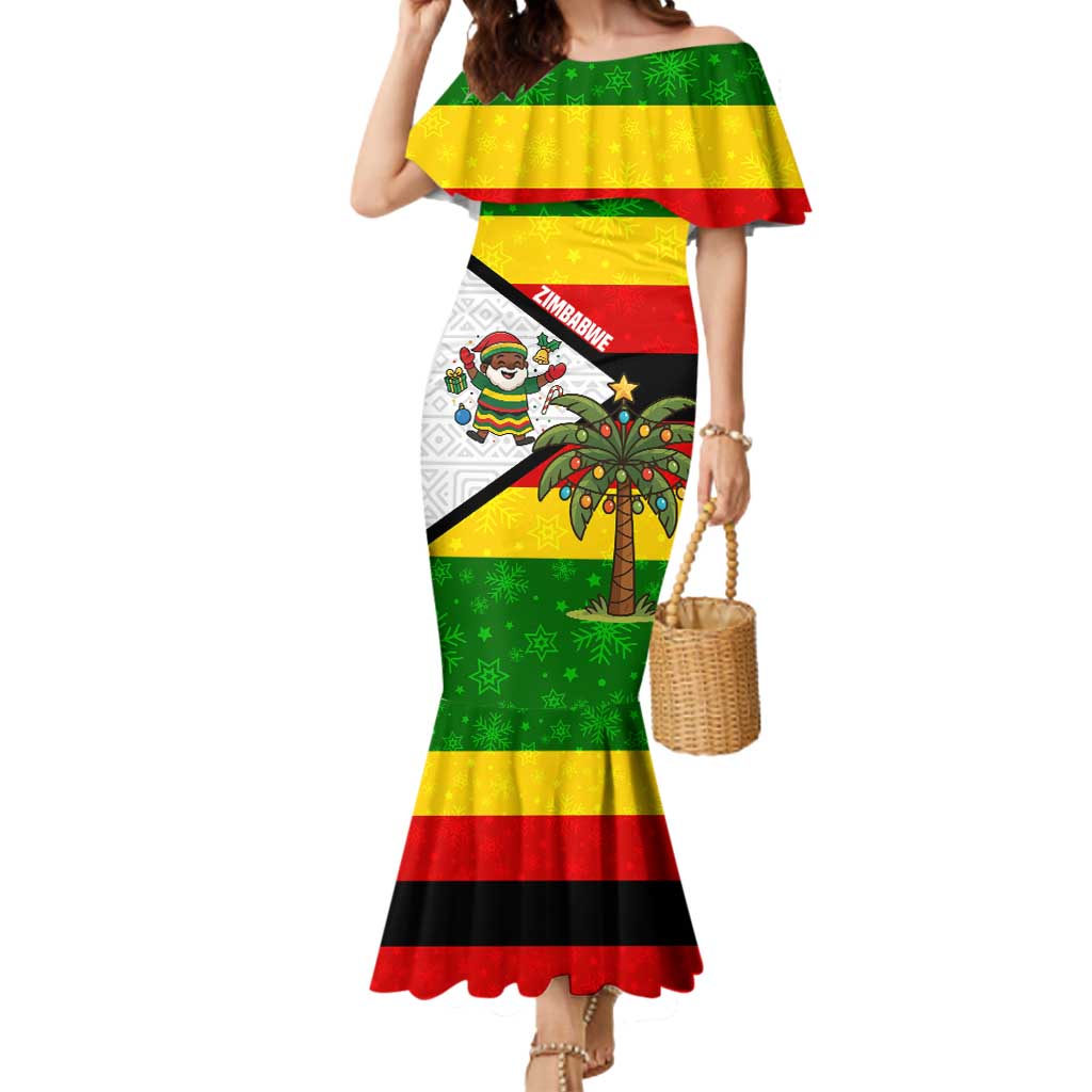 Zimbabwe Christmas Mermaid Dress with Festive Santa Palm Tree and Red Yellow Green Flag - Wonder Print Shop