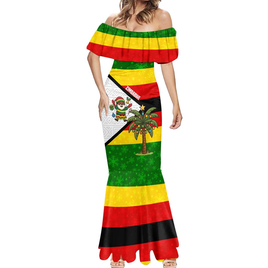 Zimbabwe Christmas Mermaid Dress with Festive Santa Palm Tree and Red Yellow Green Flag - Wonder Print Shop