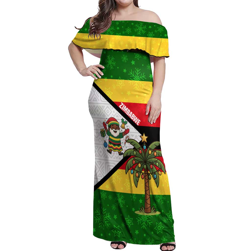 Zimbabwe Christmas Off Shoulder Maxi Dress with Festive Santa Palm Tree and Red Yellow Green Flag - Wonder Print Shop