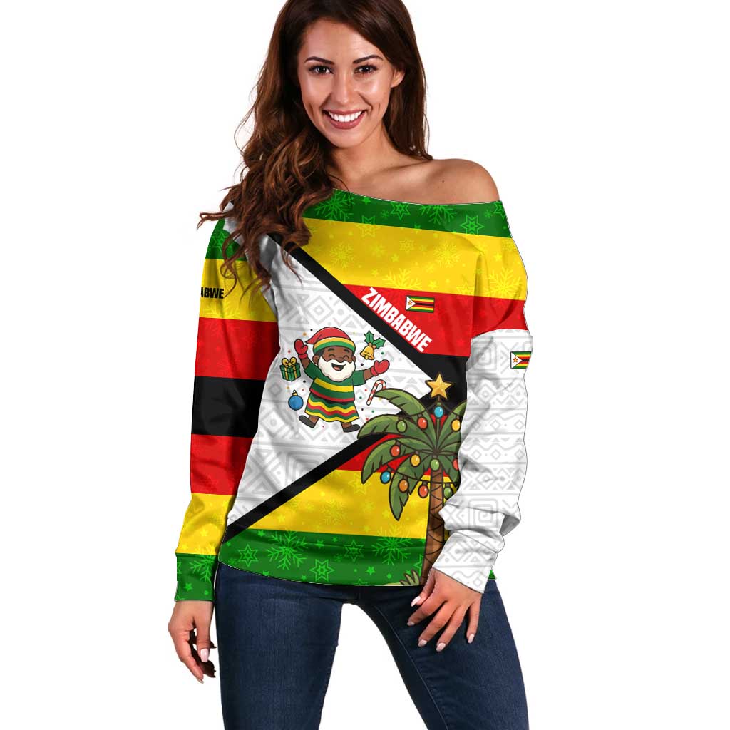 Zimbabwe Christmas Off Shoulder Sweater with Festive Santa Palm Tree and Red Yellow Green Flag - Wonder Print Shop