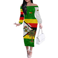 Zimbabwe Christmas Off The Shoulder Long Sleeve Dress with Festive Santa Palm Tree and Red Yellow Green Flag - Wonder Print Shop