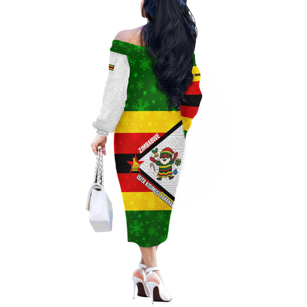 Zimbabwe Christmas Off The Shoulder Long Sleeve Dress with Festive Santa Palm Tree and Red Yellow Green Flag - Wonder Print Shop