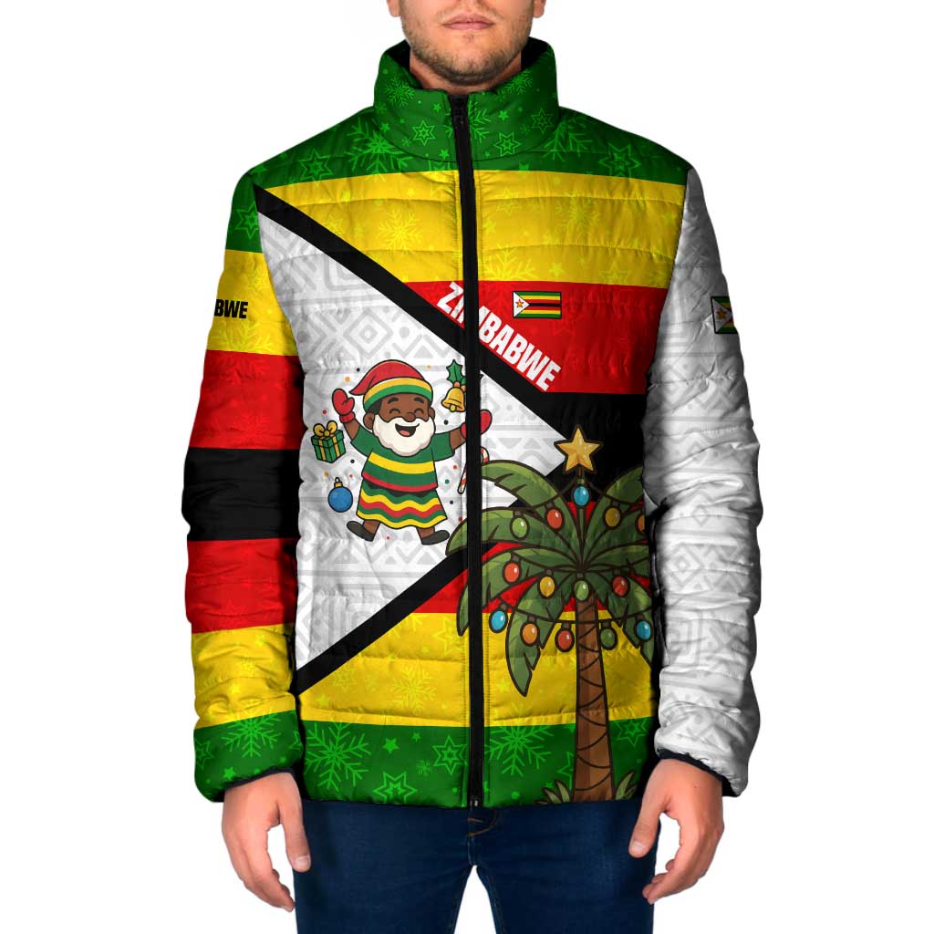 Zimbabwe Christmas Padded Jacket with Festive Santa Palm Tree and Red Yellow Green Flag - Wonder Print Shop