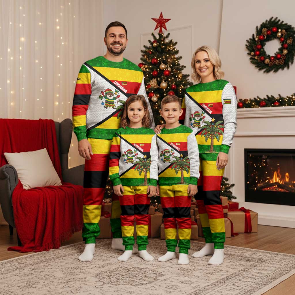 Zimbabwe Christmas Pajama Set with Festive Santa Palm Tree and Red Yellow Green Flag - Wonder Print Shop