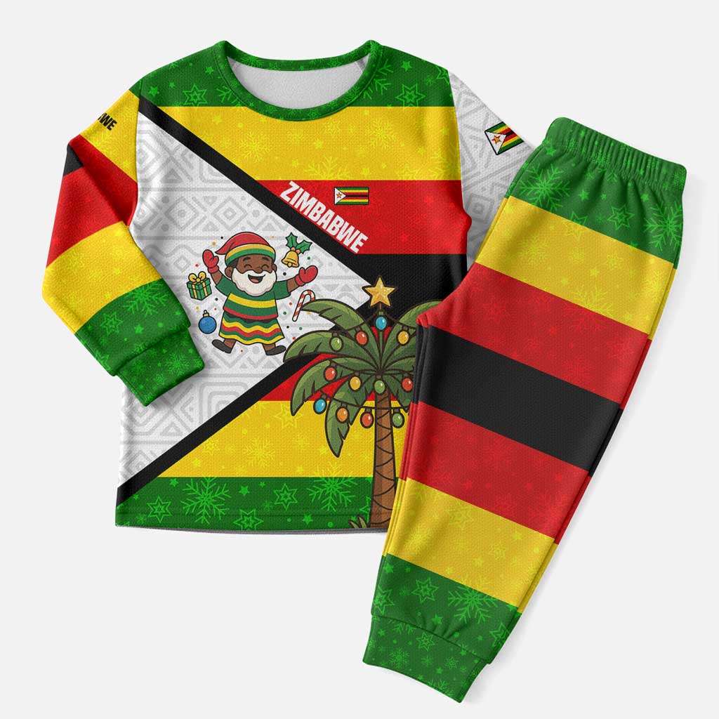 Zimbabwe Christmas Pajama Set with Festive Santa Palm Tree and Red Yellow Green Flag - Wonder Print Shop