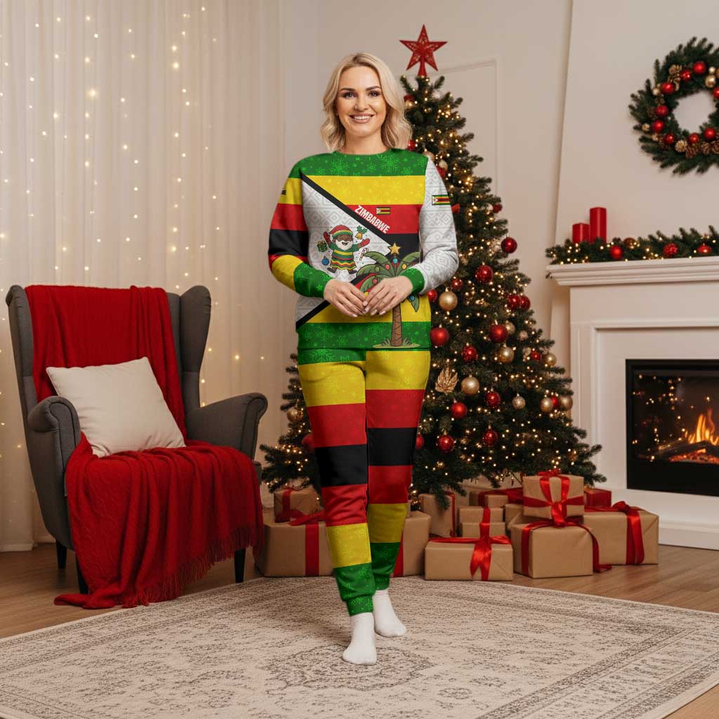 Zimbabwe Christmas Pajama Set with Festive Santa Palm Tree and Red Yellow Green Flag - Wonder Print Shop