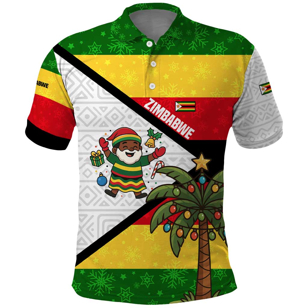 Zimbabwe Christmas Polo Shirt with Festive Santa Palm Tree and Red Yellow Green Flag - Wonder Print Shop