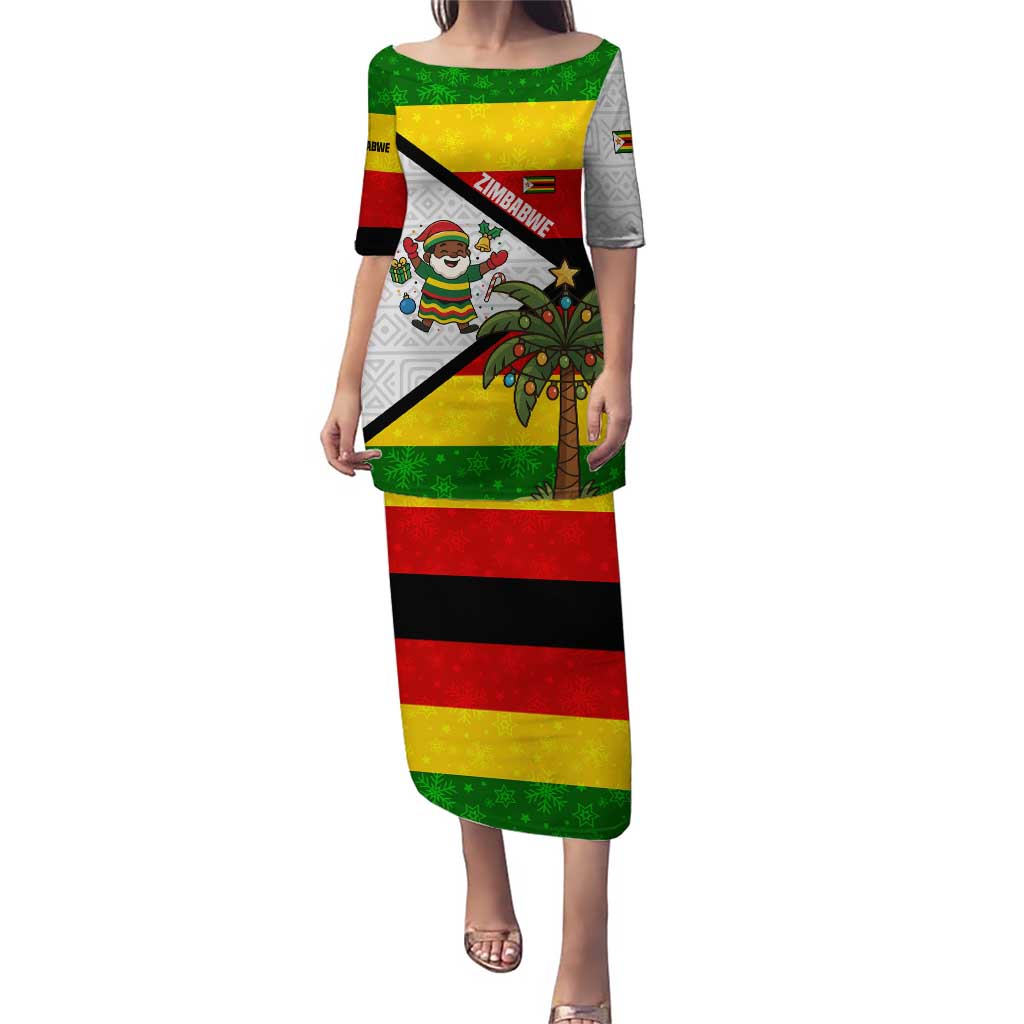 Zimbabwe Christmas Puletasi with Festive Santa Palm Tree and Red Yellow Green Flag - Wonder Print Shop