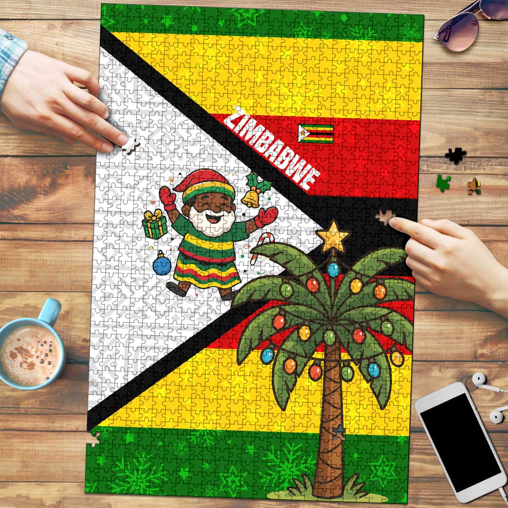 Zimbabwe Christmas Puzzle with Festive Santa Palm Tree and Red Yellow Green Flag - Wonder Print Shop