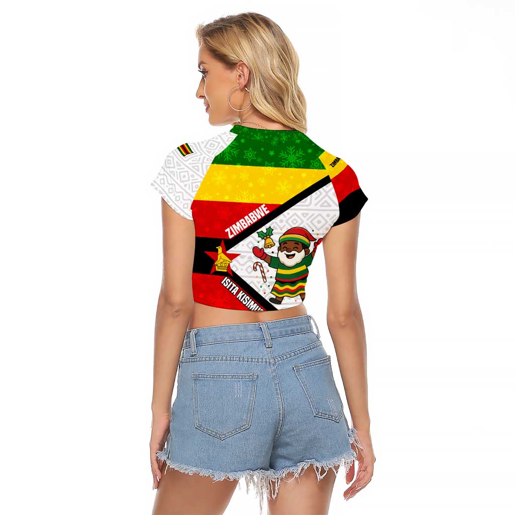 Zimbabwe Christmas Raglan Cropped T Shirt with Festive Santa Palm Tree and Red Yellow Green Flag - Wonder Print Shop