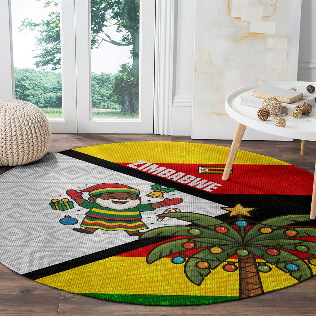 Zimbabwe Christmas Round Carpet with Festive Santa Palm Tree and Red Yellow Green Flag - Wonder Print Shop