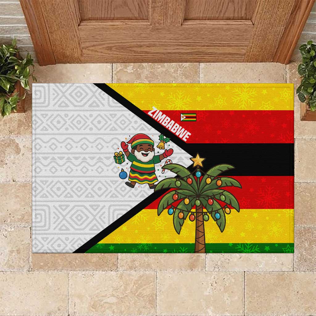 Zimbabwe Christmas Rubber Doormat with Festive Santa Palm Tree and Red Yellow Green Flag - Wonder Print Shop