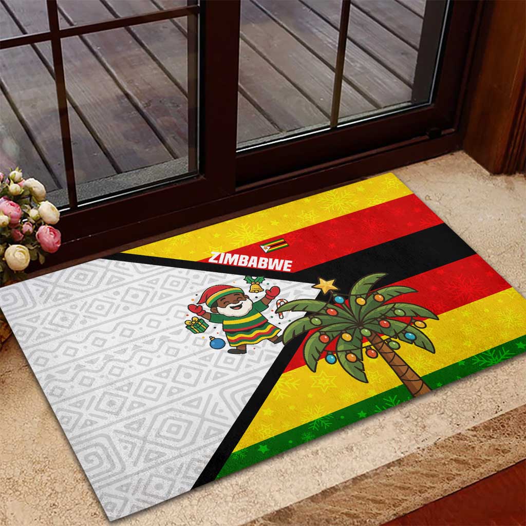 Zimbabwe Christmas Rubber Doormat with Festive Santa Palm Tree and Red Yellow Green Flag - Wonder Print Shop