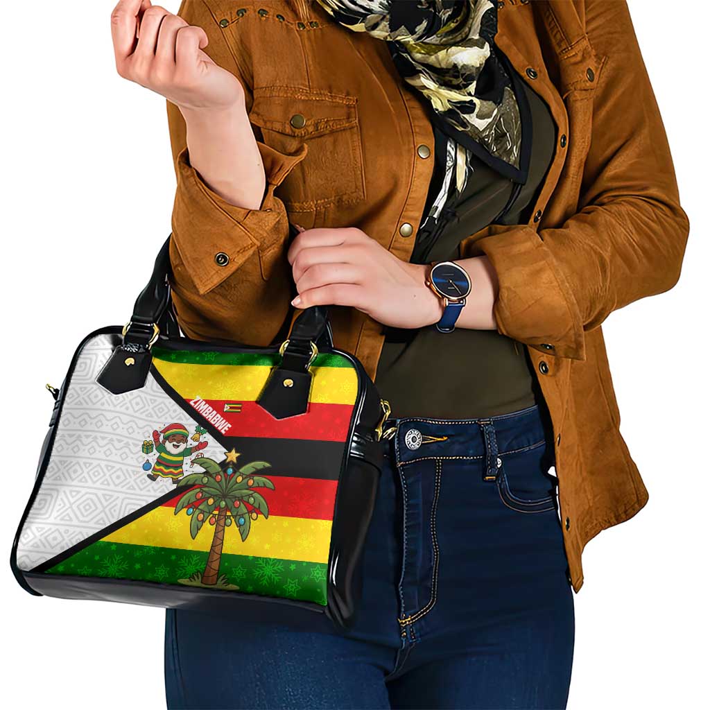 Zimbabwe Christmas Shoulder Handbag with Festive Santa Palm Tree and Red Yellow Green Flag - Wonder Print Shop