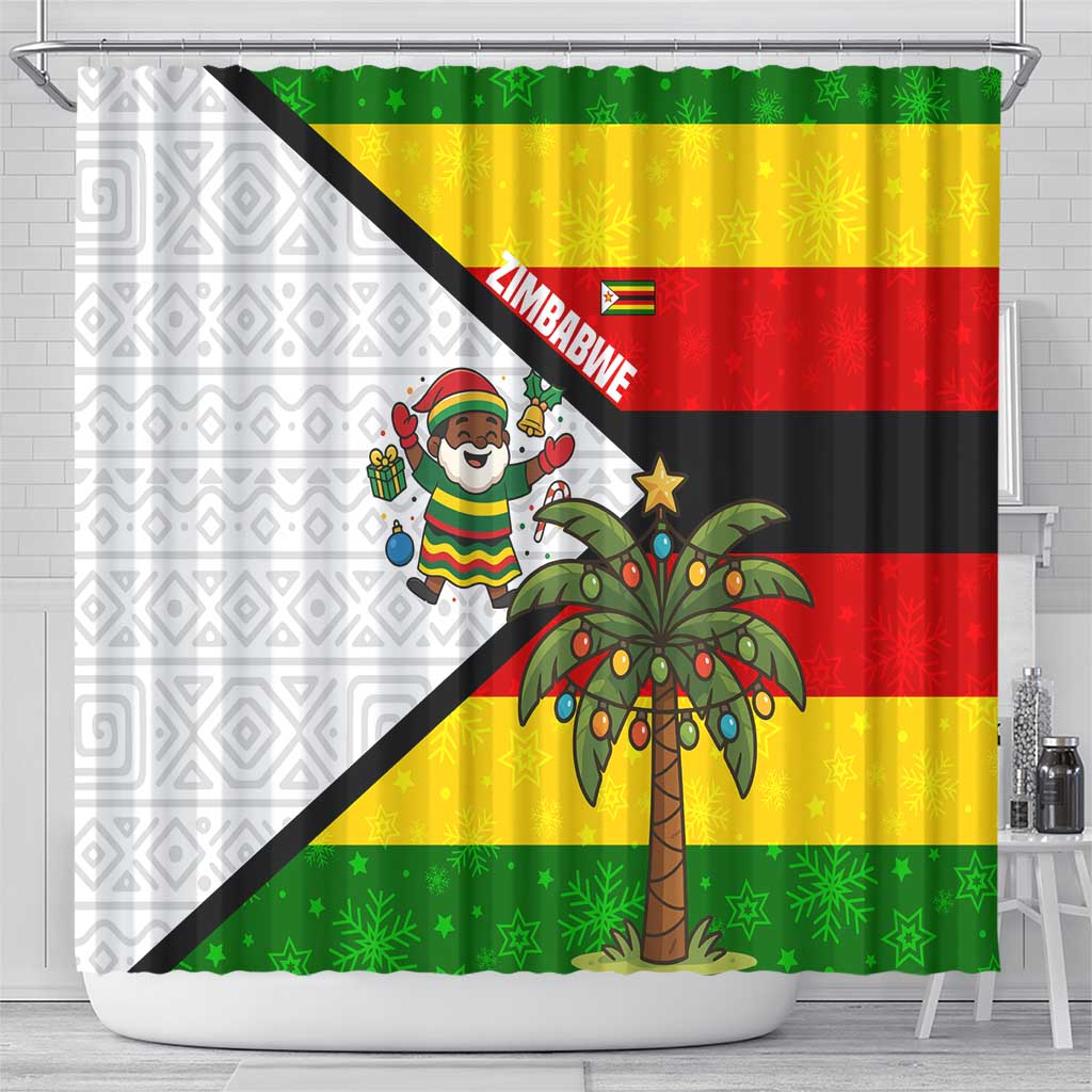 Zimbabwe Christmas Shower Curtain with Festive Santa Palm Tree and Red Yellow Green Flag - Wonder Print Shop