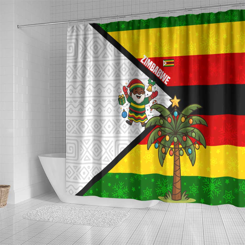 Zimbabwe Christmas Shower Curtain with Festive Santa Palm Tree and Red Yellow Green Flag - Wonder Print Shop