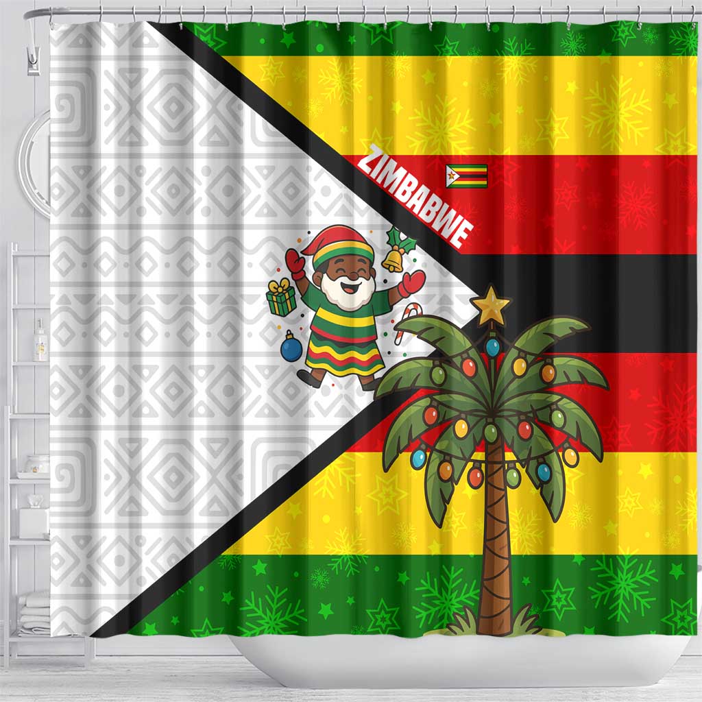 Zimbabwe Christmas Shower Curtain with Festive Santa Palm Tree and Red Yellow Green Flag - Wonder Print Shop