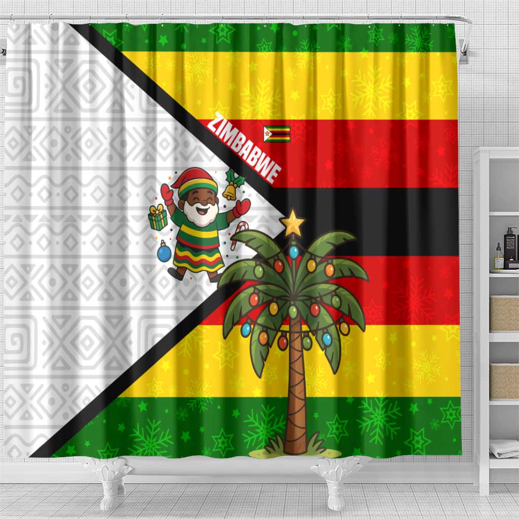 Zimbabwe Christmas Shower Curtain with Festive Santa Palm Tree and Red Yellow Green Flag - Wonder Print Shop