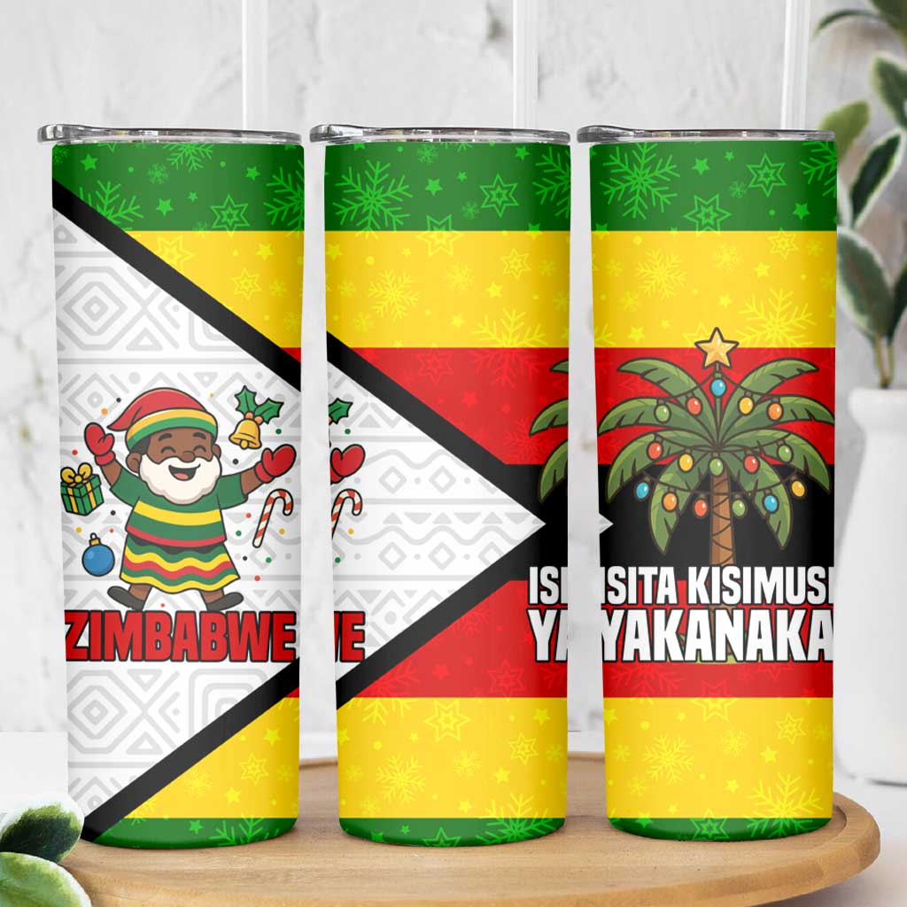 Zimbabwe Christmas Skinny Tumbler with Festive Santa Palm Tree and Red Yellow Green Flag - Wonder Print Shop