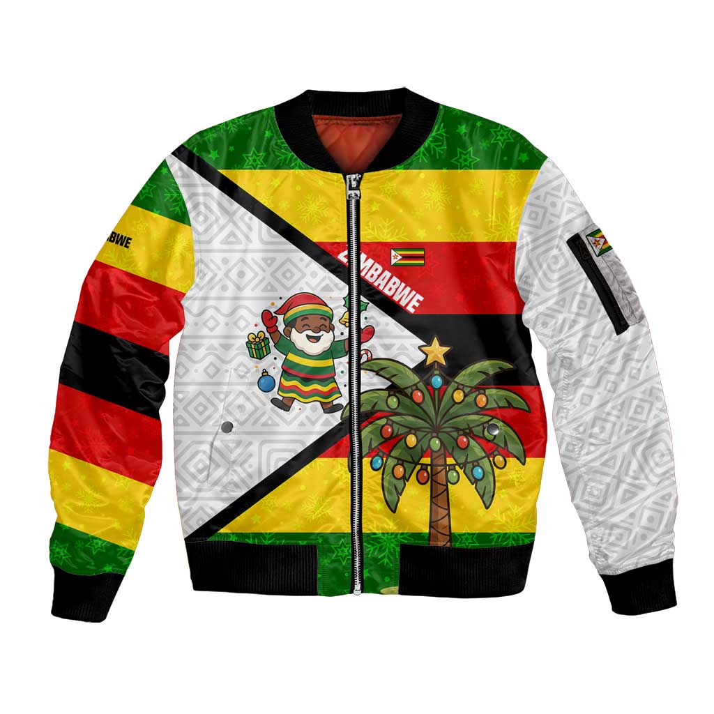 Zimbabwe Christmas Sleeve Zip Bomber Jacket with Festive Santa Palm Tree and Red Yellow Green Flag - Wonder Print Shop