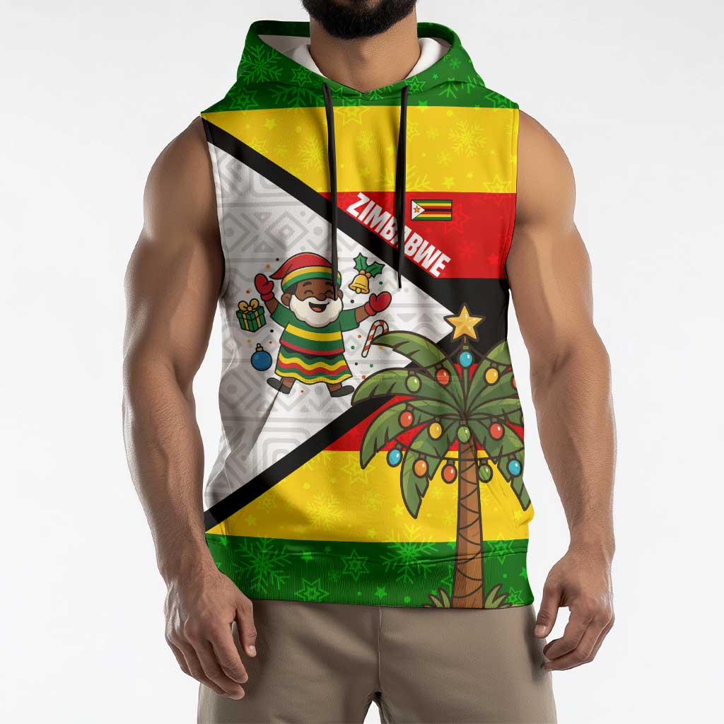 Zimbabwe Christmas Sleeveless Hoodie with Festive Santa Palm Tree and Red Yellow Green Flag - Wonder Print Shop
