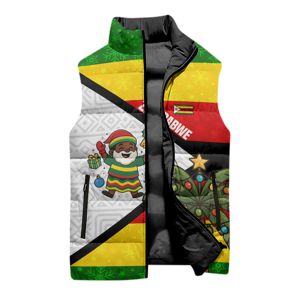 Zimbabwe Christmas Sleeveless Puffer Jacket with Festive Santa Palm Tree and Red Yellow Green Flag - Wonder Print Shop