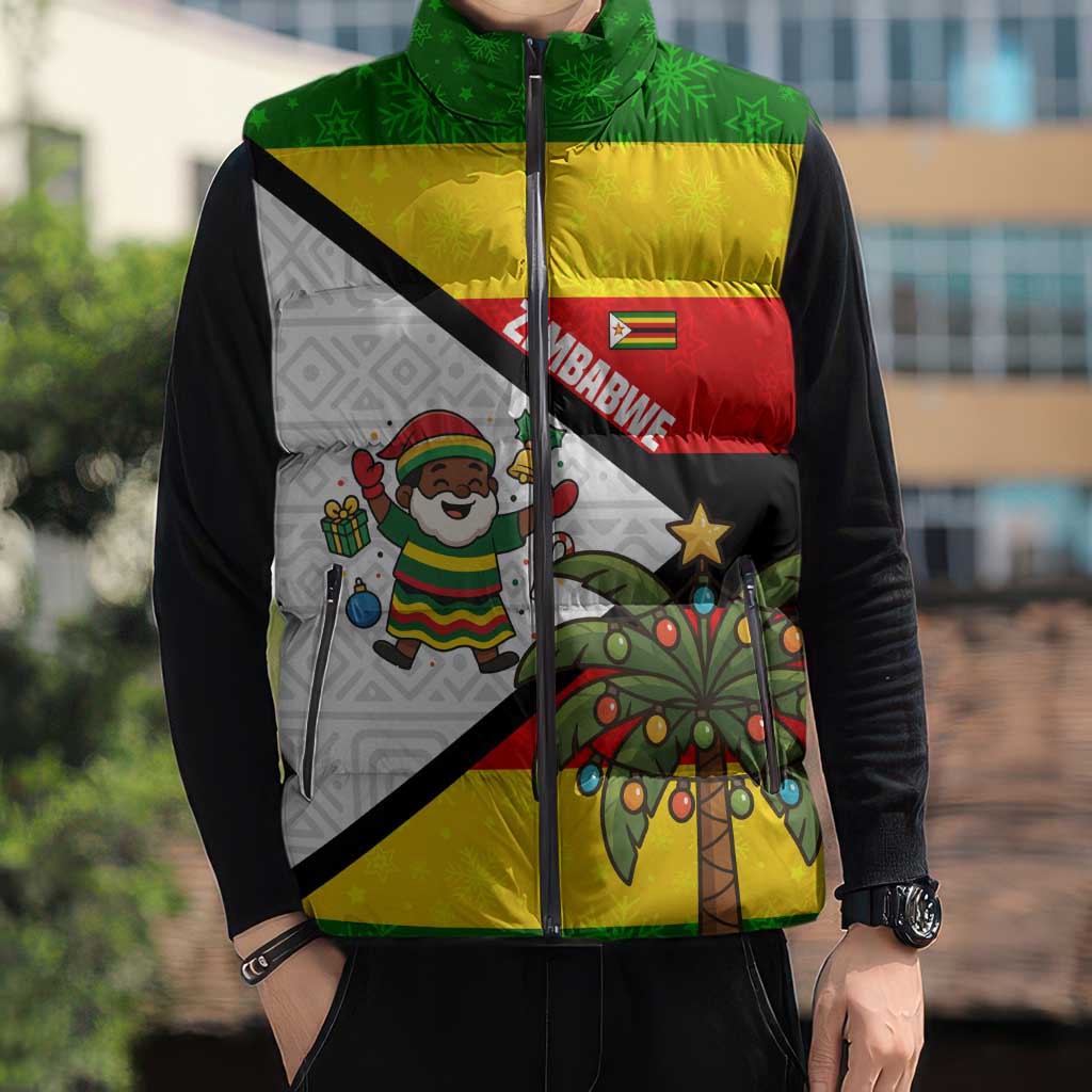 Zimbabwe Christmas Sleeveless Puffer Jacket with Festive Santa Palm Tree and Red Yellow Green Flag - Wonder Print Shop