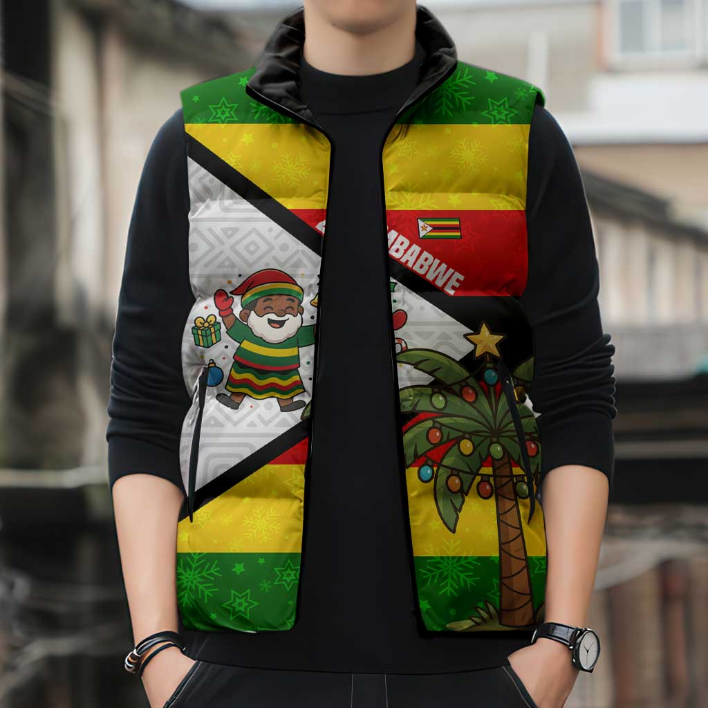 Zimbabwe Christmas Sleeveless Puffer Jacket with Festive Santa Palm Tree and Red Yellow Green Flag - Wonder Print Shop