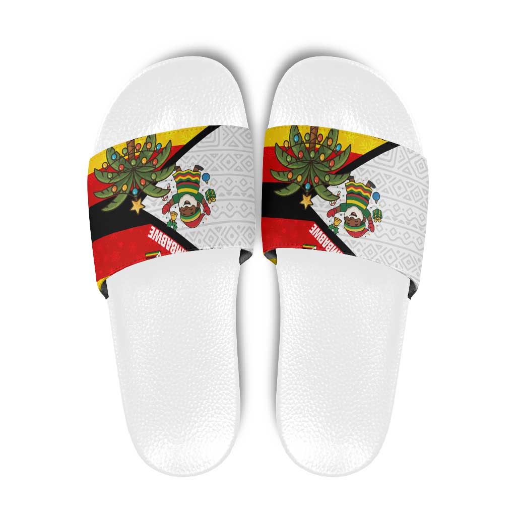 Zimbabwe Christmas Slide Sandals with Festive Santa Palm Tree and Red Yellow Green Flag - Wonder Print Shop