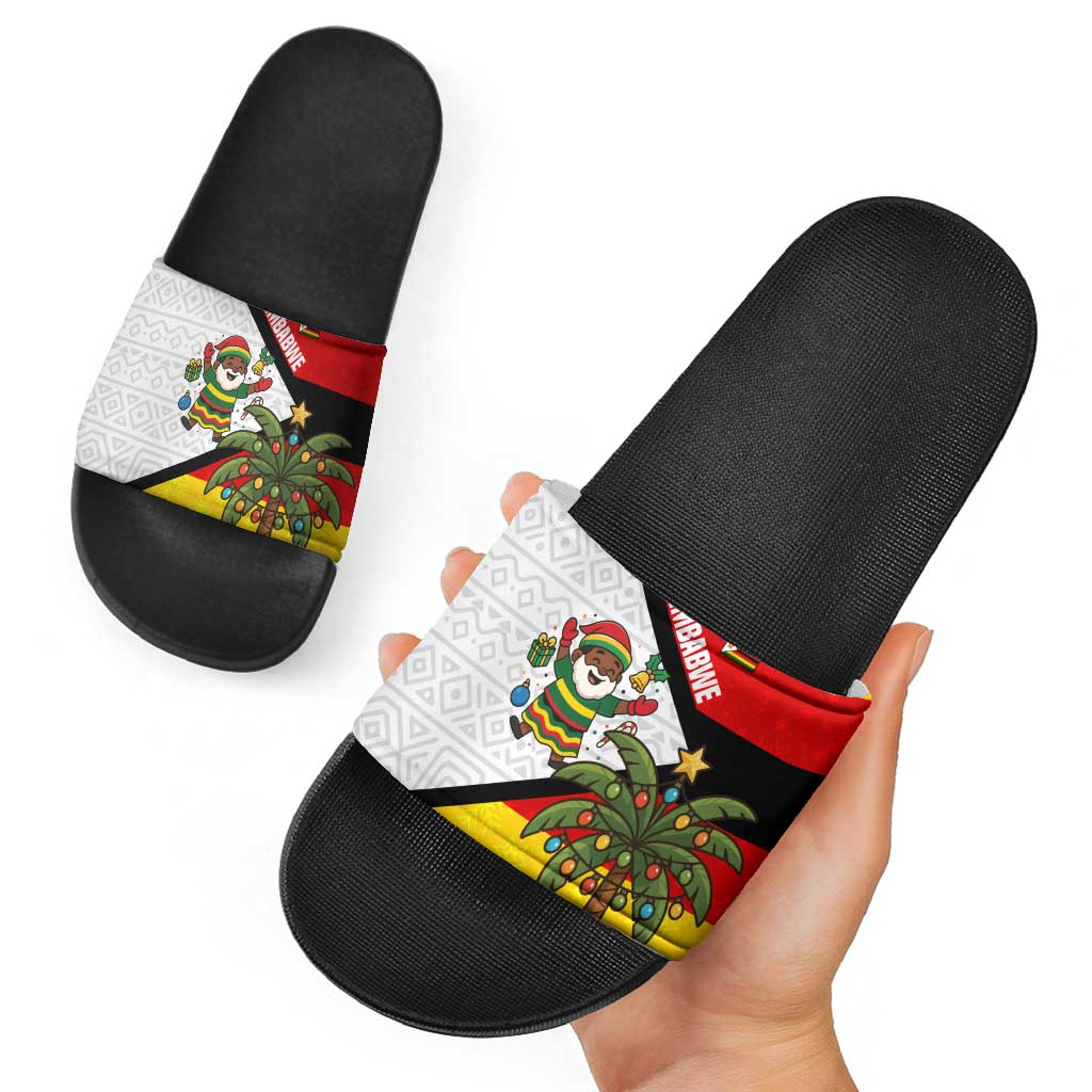 Zimbabwe Christmas Slide Sandals with Festive Santa Palm Tree and Red Yellow Green Flag - Wonder Print Shop