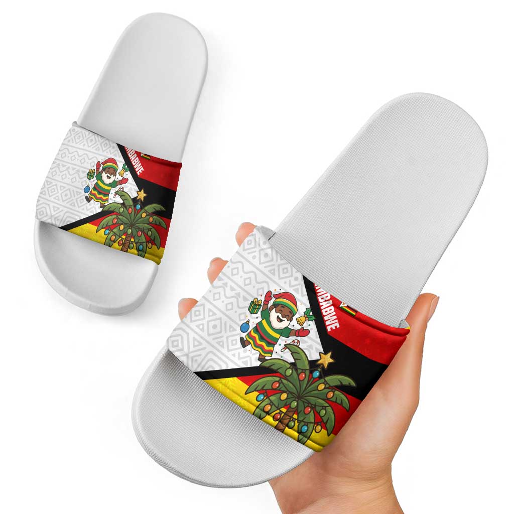 Zimbabwe Christmas Slide Sandals with Festive Santa Palm Tree and Red Yellow Green Flag - Wonder Print Shop