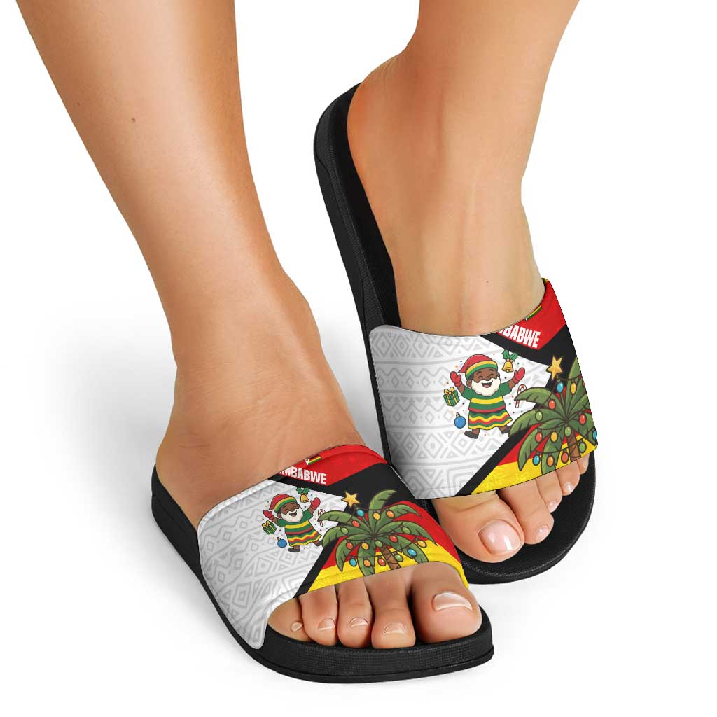 Zimbabwe Christmas Slide Sandals with Festive Santa Palm Tree and Red Yellow Green Flag - Wonder Print Shop