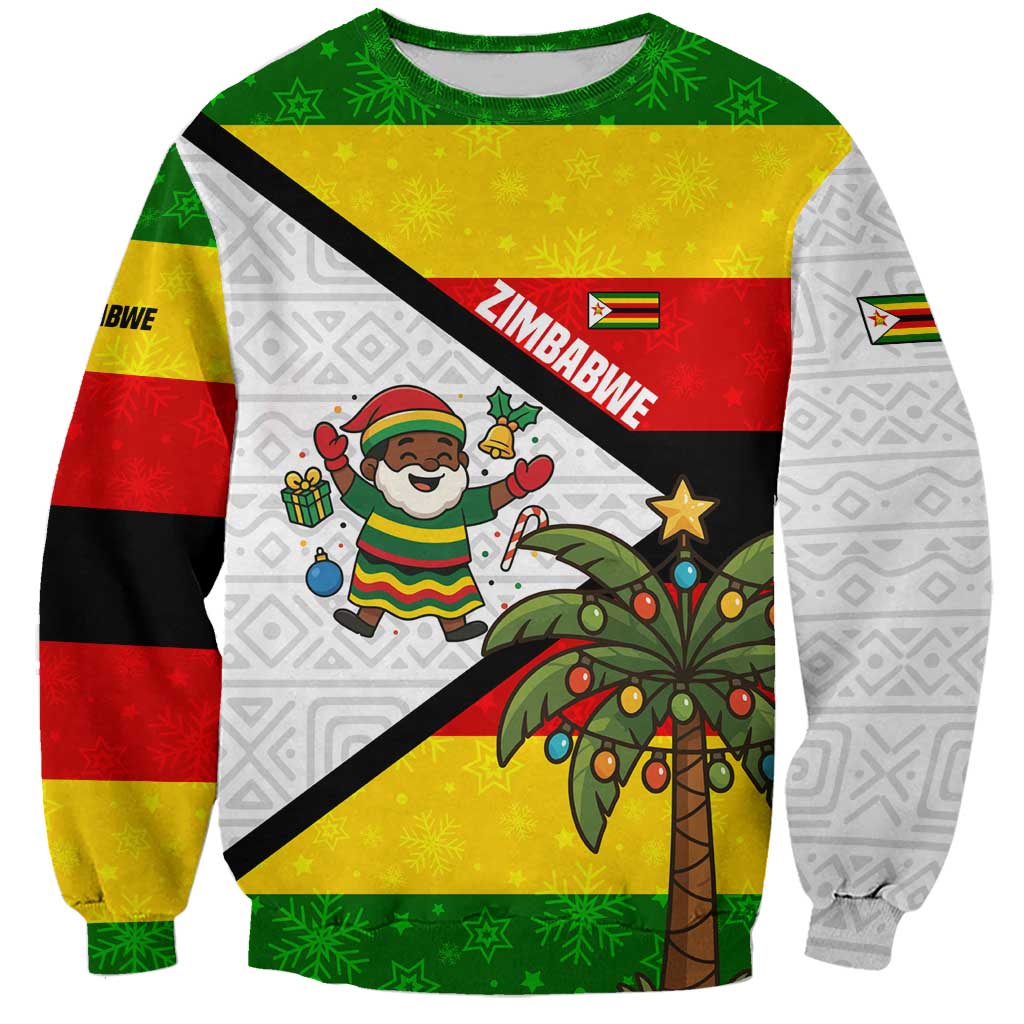 Zimbabwe Christmas Sweatshirt with Festive Santa Palm Tree and Red Yellow Green Flag - Wonder Print Shop