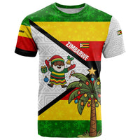 Zimbabwe Christmas T Shirt with Festive Santa Palm Tree and Red Yellow Green Flag - Wonder Print Shop