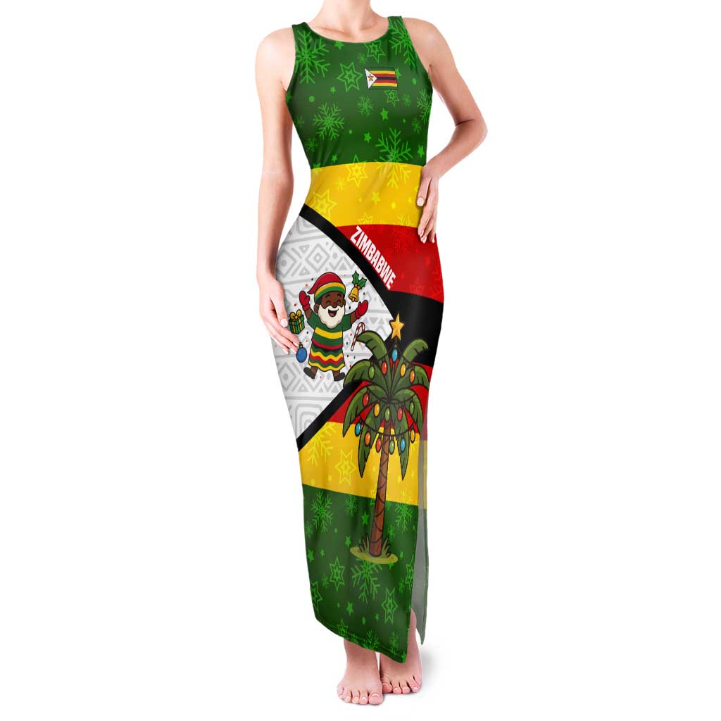 Zimbabwe Christmas Tank Maxi Dress with Festive Santa Palm Tree and Red Yellow Green Flag - Wonder Print Shop