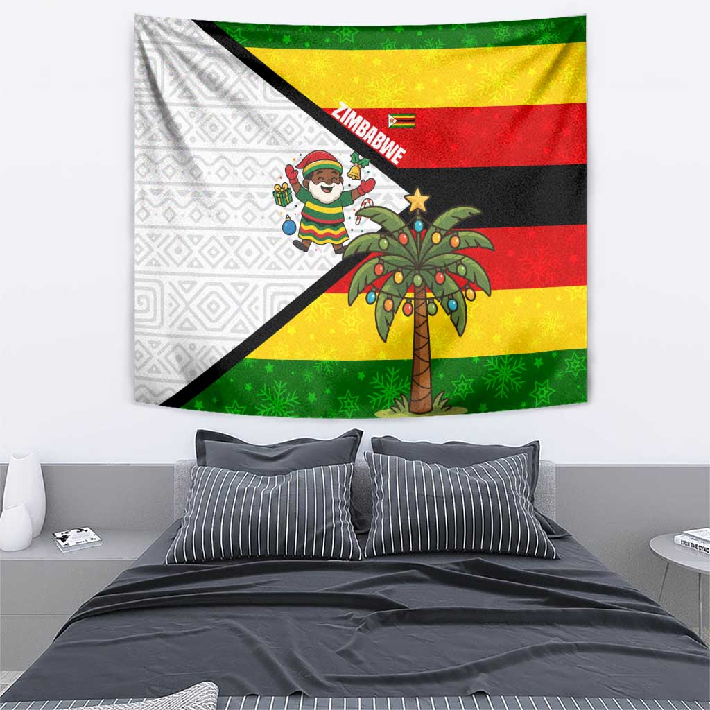 Zimbabwe Christmas Tapestry with Festive Santa Palm Tree and Red Yellow Green Flag - Wonder Print Shop
