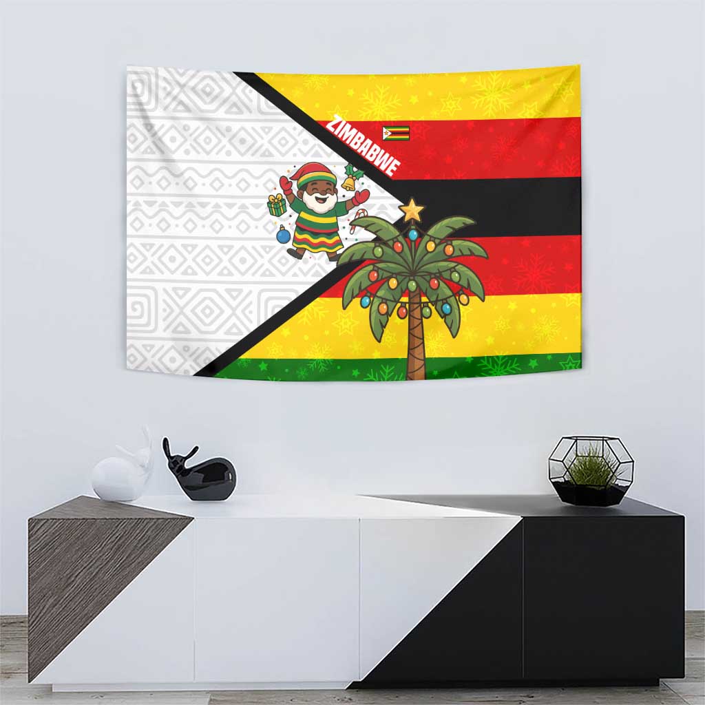 Zimbabwe Christmas Tapestry with Festive Santa Palm Tree and Red Yellow Green Flag - Wonder Print Shop