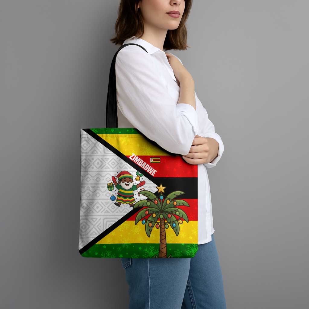 Zimbabwe Christmas Tote Bag with Festive Santa Palm Tree and Red Yellow Green Flag - Wonder Print Shop