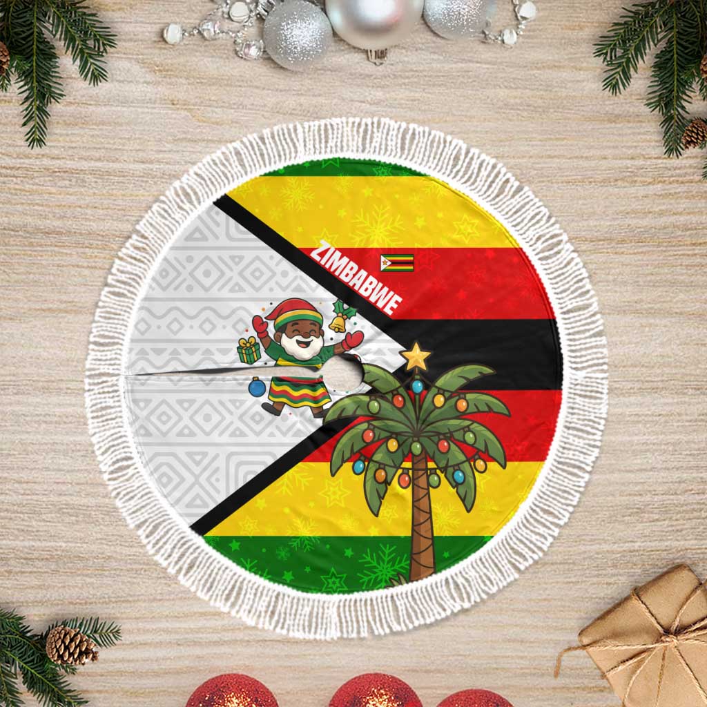 Zimbabwe Christmas Tree Skirt with Festive Santa Palm Tree and Red Yellow Green Flag - Wonder Print Shop