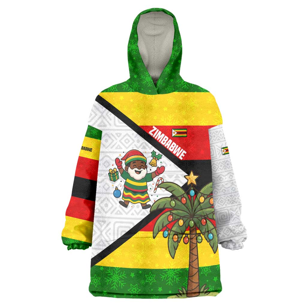 Zimbabwe Christmas Wearable Blanket Hoodie with Festive Santa Palm Tree and Red Yellow Green Flag - Wonder Print Shop