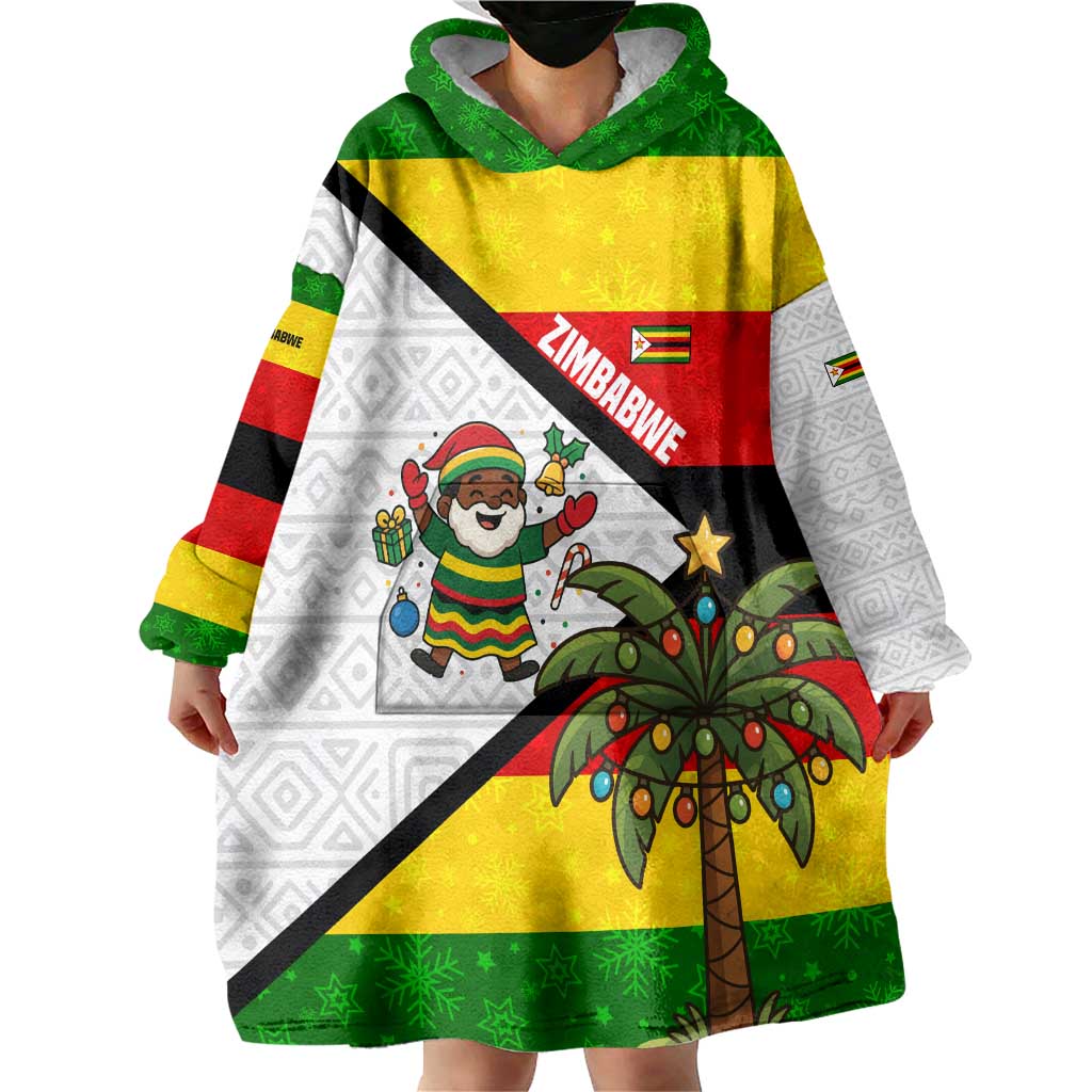 Zimbabwe Christmas Wearable Blanket Hoodie with Festive Santa Palm Tree and Red Yellow Green Flag - Wonder Print Shop