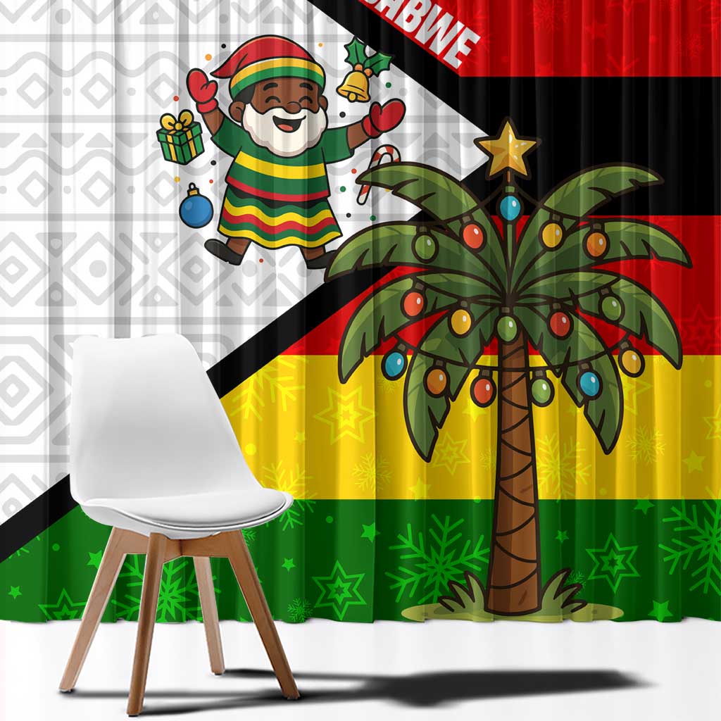 Zimbabwe Christmas Window Curtain with Festive Santa Palm Tree and Red Yellow Green Flag - Wonder Print Shop