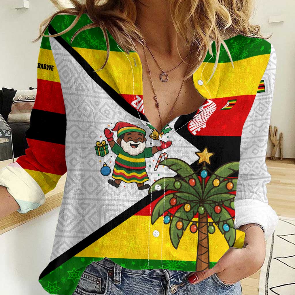 Zimbabwe Christmas Women Casual Shirt with Festive Santa Palm Tree and Red Yellow Green Flag - Wonder Print Shop
