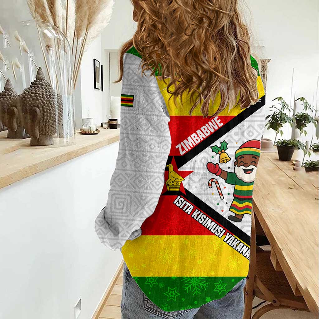 Zimbabwe Christmas Women Casual Shirt with Festive Santa Palm Tree and Red Yellow Green Flag - Wonder Print Shop