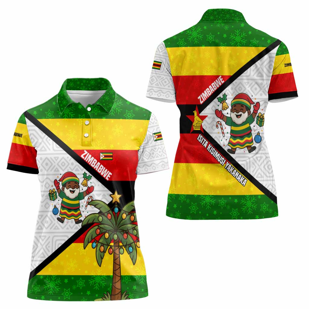 Zimbabwe Christmas Women Polo Shirt with Festive Santa Palm Tree and Red Yellow Green Flag - Wonder Print Shop